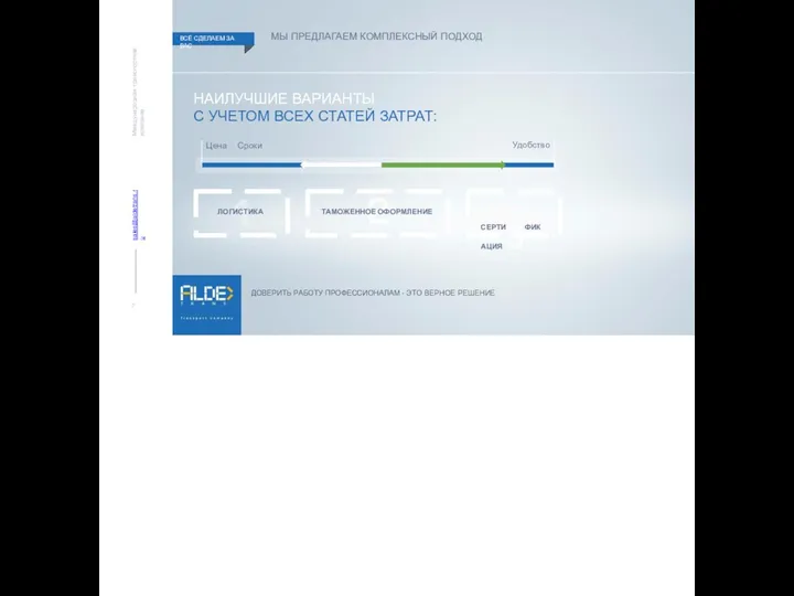 Международная транспортная компания sales@aldetrans.ru МЫ ПРЕДЛАГАЕМ КОМПЛЕКСНЫЙ ПОДХОД НАИЛУЧШИЕ ВАРИАНТЫ
