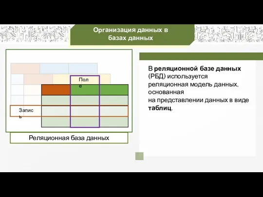 Организация данных в базах данных В реляционной базе данных (РБД) используется реляционная модель