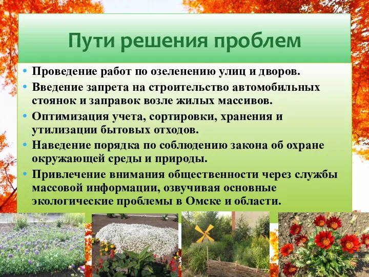 Пути решения проблем Проведение работ по озеленению улиц и дворов.