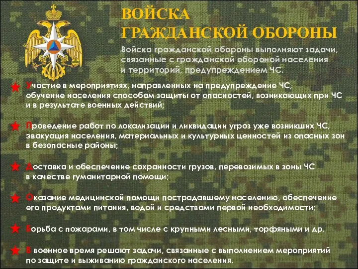 ВОЙСКА ГРАЖДАНСКОЙ ОБОРОНЫ Войска гражданской обороны выполняют задачи, связанные с