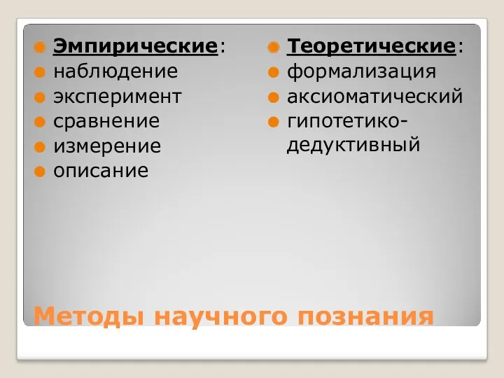 Методы научного познания Эмпирические: наблюдение эксперимент сравнение измерение описание Теоретические: формализация аксиоматический гипотетико-дедуктивный