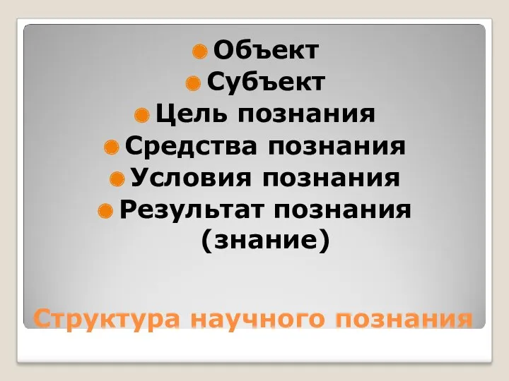 Структура научного познания Объект Субъект Цель познания Средства познания Условия познания Результат познания (знание)