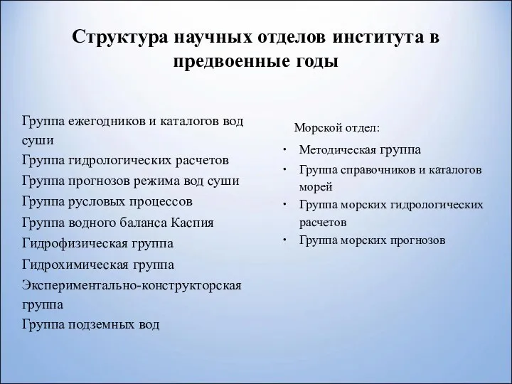 Структура научных отделов института в предвоенные годы