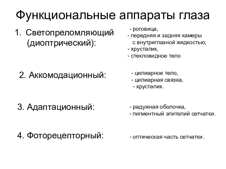 Функциональные аппараты глаза Светопреломляющий (диоптрический): 2. Аккомодационный: 3. Адаптационный: 4.