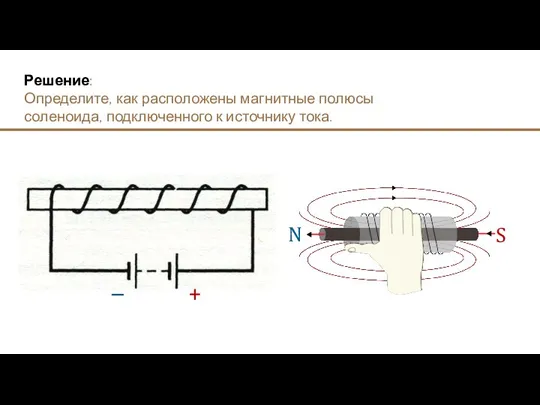 Решение: Определите, как расположены магнитные полюсы соленоида, подключенного к источнику тока. + –