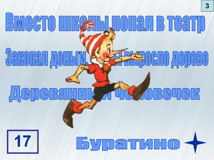 Вместо школы попал в театр Закопал деньги, чтобы выросло дерево Деревянный человечек Буратино