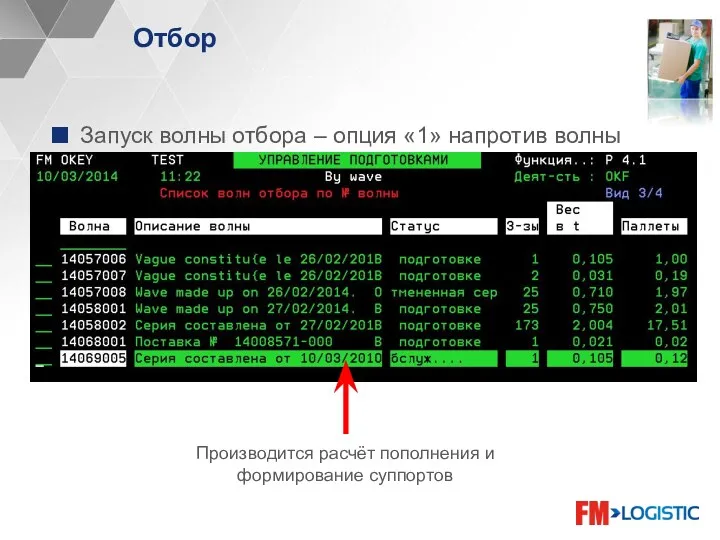 Отбор Запуск волны отбора – опция «1» напротив волны Производится расчёт пополнения и формирование суппортов