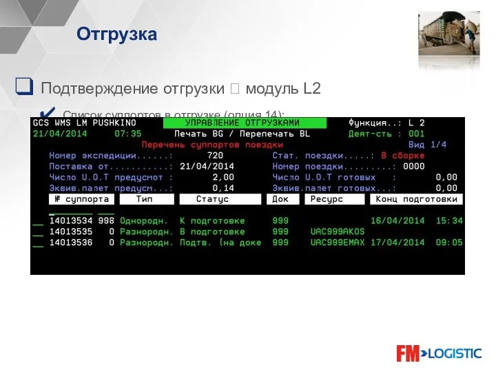 Подтверждение отгрузки ? модуль L2 Список суппортов в отгрузке (опция 14): Отгрузка