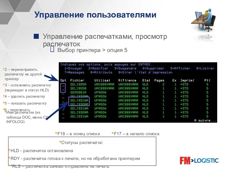 Управление пользователями Управление распечатками, просмотр распечаток Выбор принтера > опция