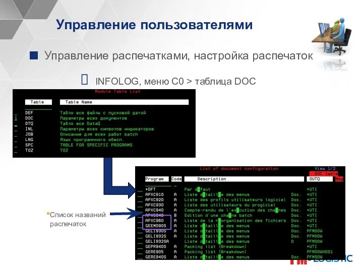 Управление пользователями Управление распечатками, настройка распечаток INFOLOG, меню C0 > таблица DOC Список названий распечаток