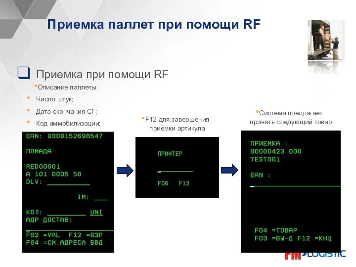 Приемка паллет при помощи RF Приемка при помощи RF Описание