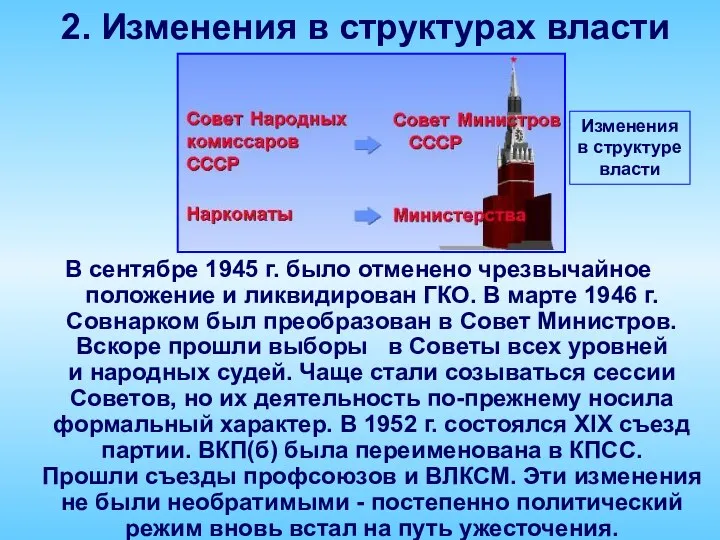 2. Изменения в структурах власти Изменения в структуре власти В