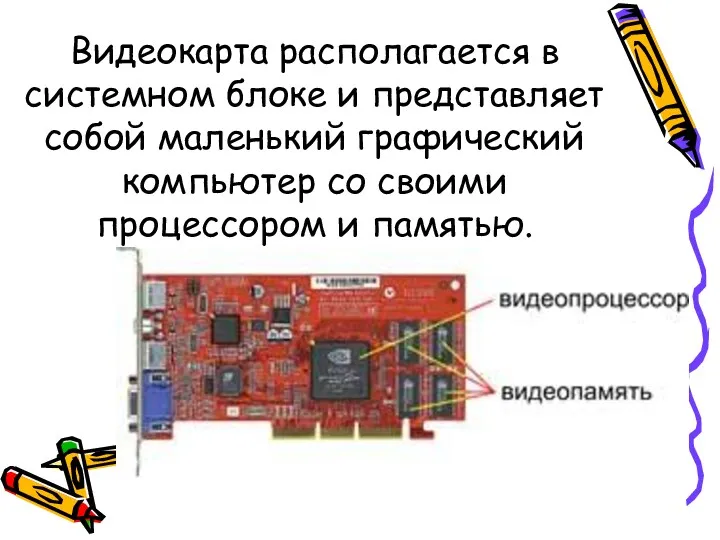 Видеокарта располагается в системном блоке и представляет собой маленький графический компьютер со своими процессором и памятью.
