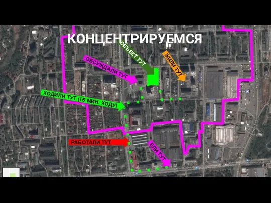 ЖИЛИ ТУТ РАБОТАЛИ ТУТ ОБСУЖДАЛИ ТУТ ЕЛИ ТУТ ОБЪЕКТ ТУТ КОНЦЕНТРИРУЕМСЯ ХОДИЛИ ТУТ (15 МИН. ХОДУ)