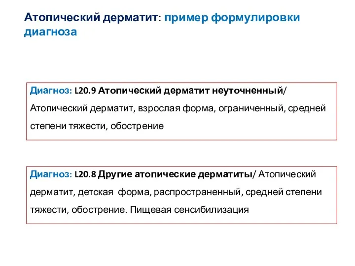 Атопический дерматит: пример формулировки диагноза Диагноз: L20.9 Атопический дерматит неуточненный/