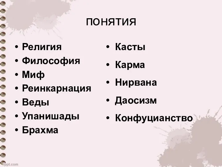 понятия Религия Философия Миф Реинкарнация Веды Упанишады Брахма Касты Карма Нирвана Даосизм Конфуцианство