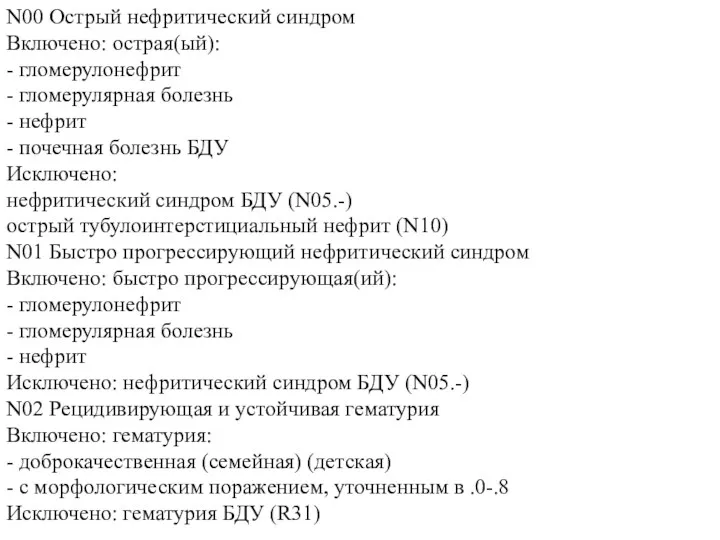 N00 Острый нефритический синдром Включено: острая(ый): - гломерулонефрит - гломерулярная болезнь - нефрит