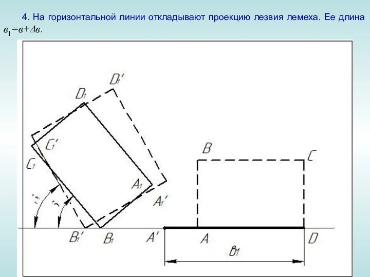 4. На горизонтальной линии откладывают проекцию лезвия лемеха. Ее длина в1=в+Δв.