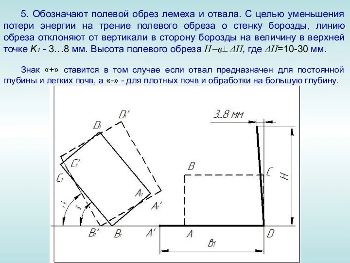 5. Обозначают полевой обрез лемеха и отвала. С целью уменьшения