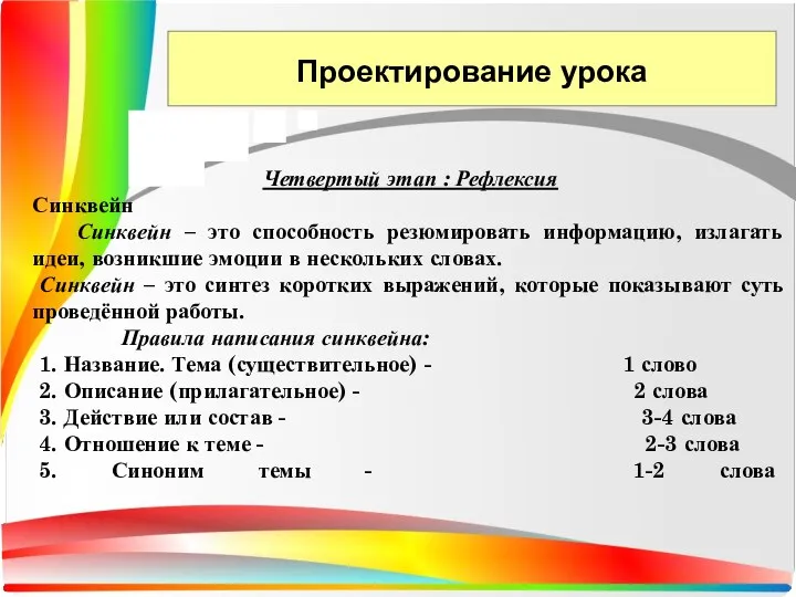 Проектирование урока Четвертый этап : Рефлексия Синквейн Синквейн – это