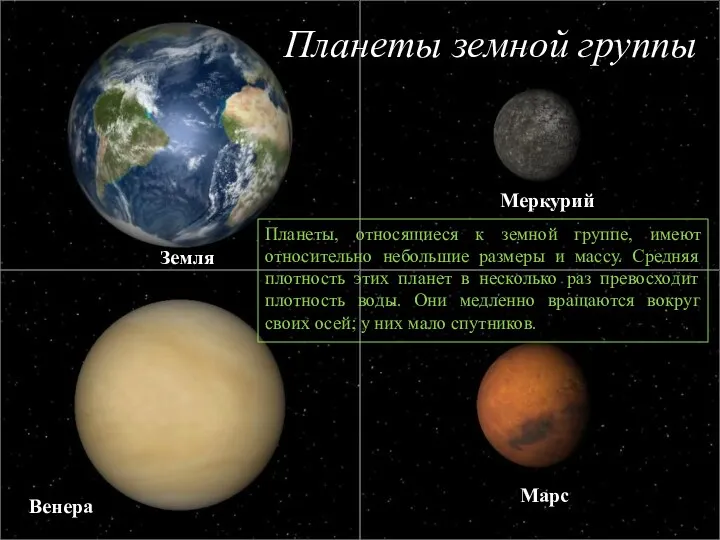 Планеты земной группы Планеты, относящиеся к земной группе, имеют относительно