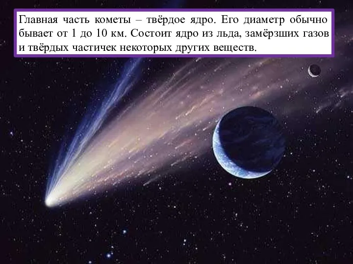 Главная часть кометы – твёрдое ядро. Его диаметр обычно бывает