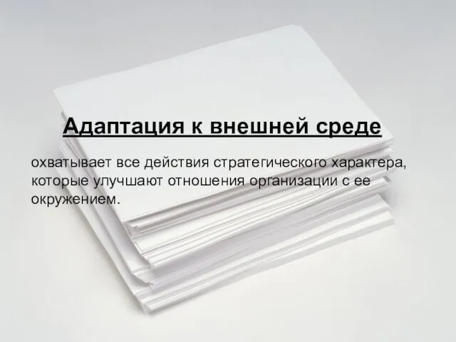 Адаптация к внешней среде охватывает все действия стратегического характера, которые улучшают отношения организации с ее окружением.