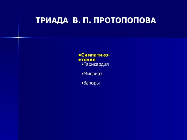 ТРИАДА В. П. ПРОТОПОПОВА Симпатико- тония Тахикардия Мидриаз Запоры