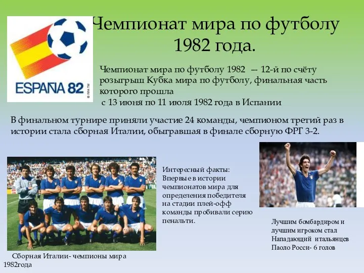 Чемпионат мира по футболу 1982 года. Сборная Италии- чемпионы мира
