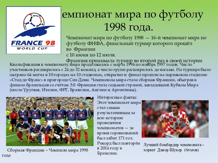 Чемпионат мира по футболу 1998 года. Сборная Франции – Чемпион