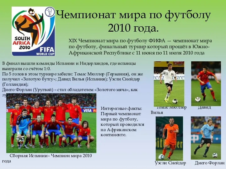 Чемпионат мира по футболу 2010 года. Сборная Испании– Чемпион мира