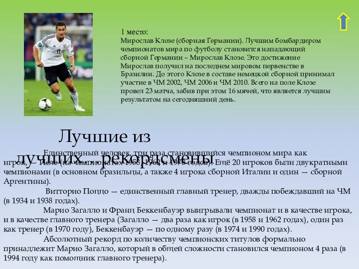 1 место: Мирослав Клозе (сборная Германии). Лучшим бомбардиром чемпионатов мира