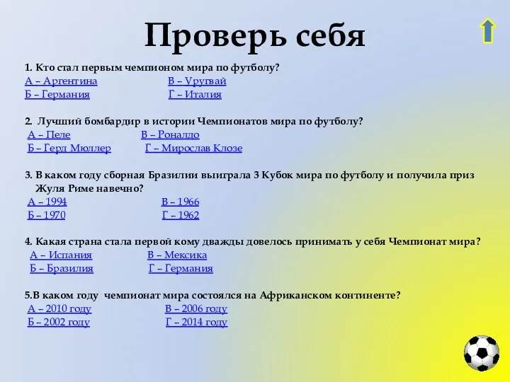 Проверь себя 1. Кто стал первым чемпионом мира по футболу?