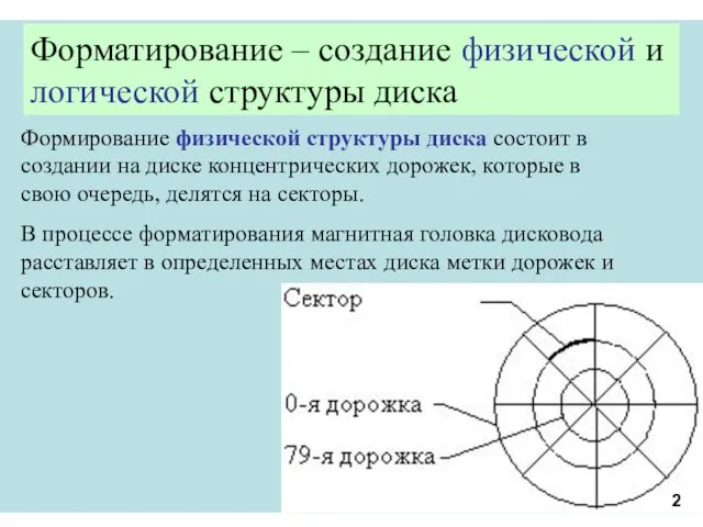 Форматирование – создание физической и логической структуры диска Формирование физической