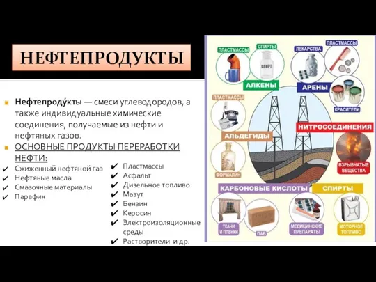 НЕФТЕПРОДУКТЫ Нефтепроду́кты — смеси углеводородов, а также индивидуальные химические соединения,