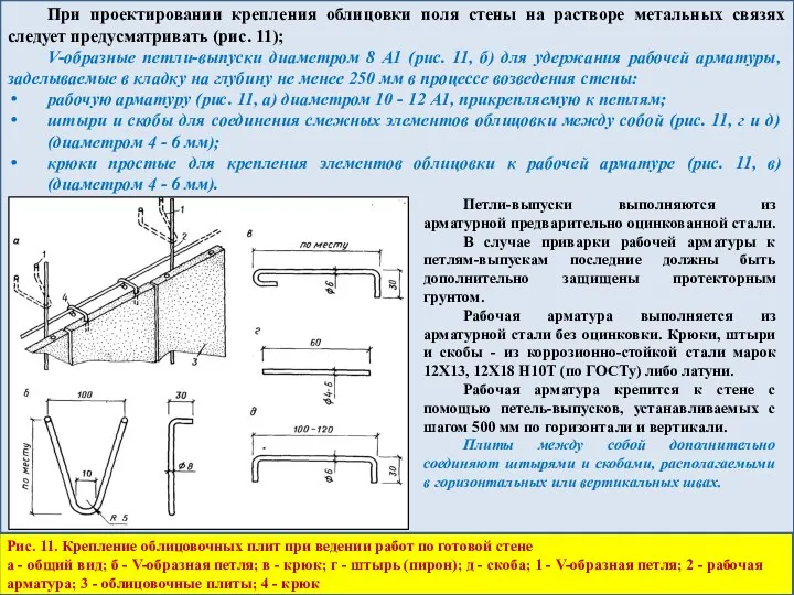 При проектировании крепления облицовки поля стены на растворе метальных связях