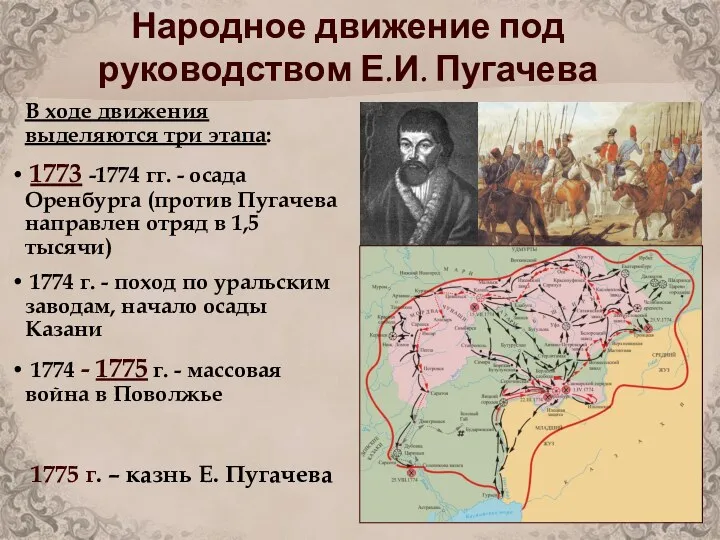 Народное движение под руководством Е.И. Пугачева В ходе движения выделяются