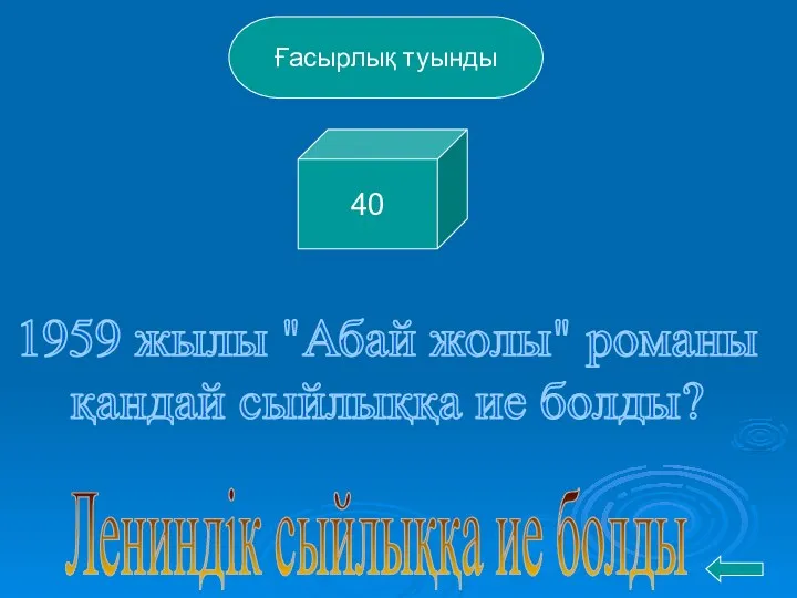 1959 жылы "Абай жолы" романы қандай сыйлыққа ие болды? Лениндік сыйлыққа ие болды Ғасырлық туынды 40