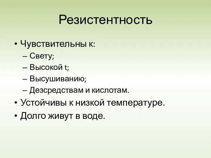 Резистентность Чувствительны к: Свету; Высокой t; Высушиванию; Дезсредствам и кислотам.