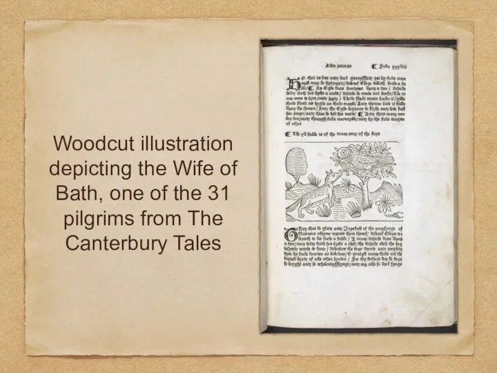 Woodcut illustration depicting the Wife of Bath, one of the 31 pilgrims from The Canterbury Tales