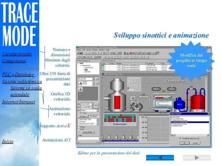 Sviluppo sinottici e animazione Editor per la presentazione dei dati Per sviluppare sinottici