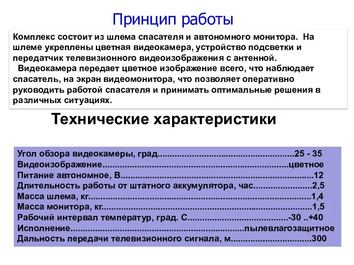 Принцип работы Комплекс состоит из шлема спасателя и автономного монитора.