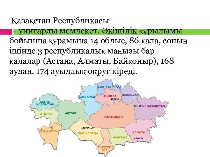 Қазақстан Республикасы — унитарлы мемлекет. Әкішілік құрылымы бойынша құрамына 14