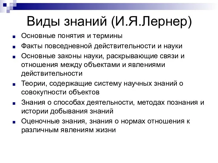 Виды знаний (И.Я.Лернер) Основные понятия и термины Факты повседневной действительности и науки Основные