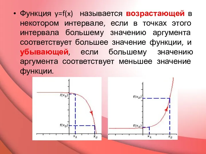 Функция y=f(x) называется возрастающей в некотором интервале, если в точках этого интервала большему