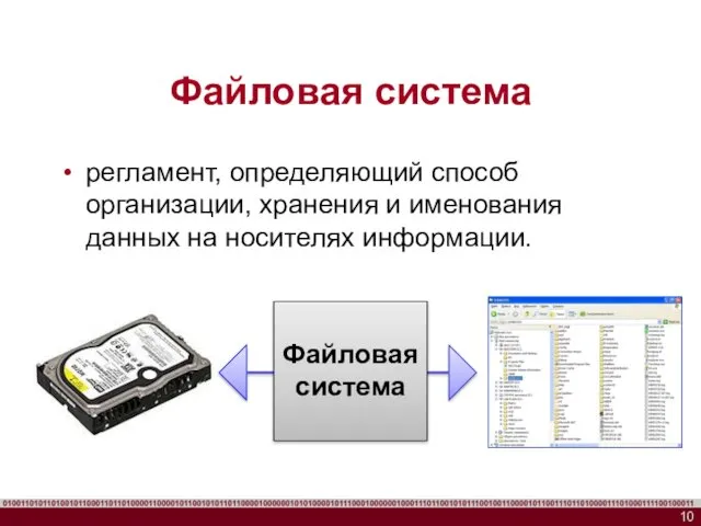 Файловая система регламент, определяющий способ организации, хранения и именования данных на носителях информации. Файловая система