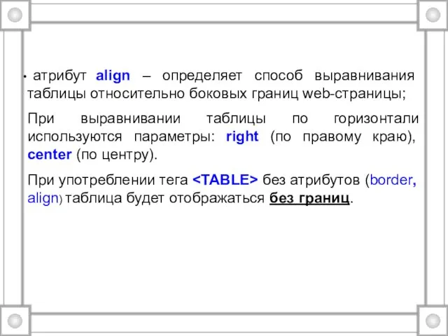 атрибут align – определяет способ выравнивания таблицы относительно боковых границ