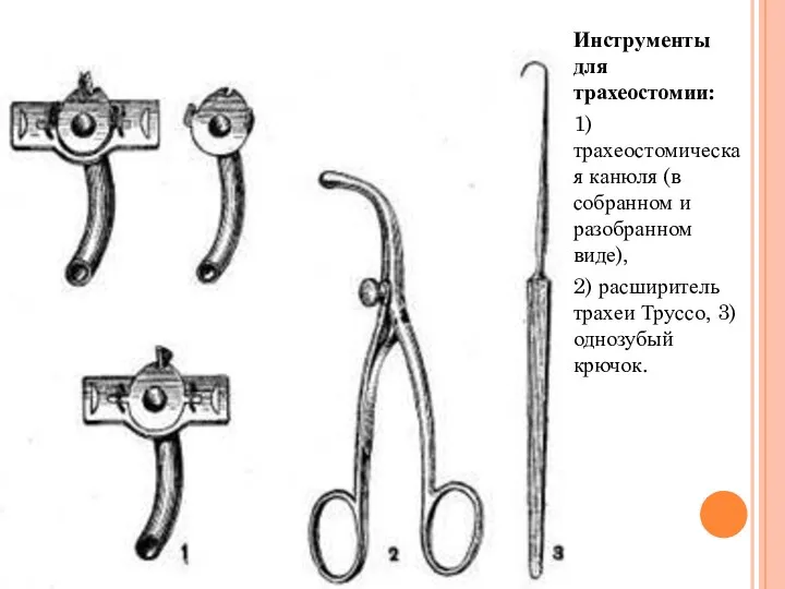 Инструменты для трахеостомии: 1) трахеостомическая канюля (в собранном и разобранном виде), 2) расширитель