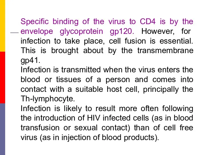 Specific binding of the virus to CD4 is by the