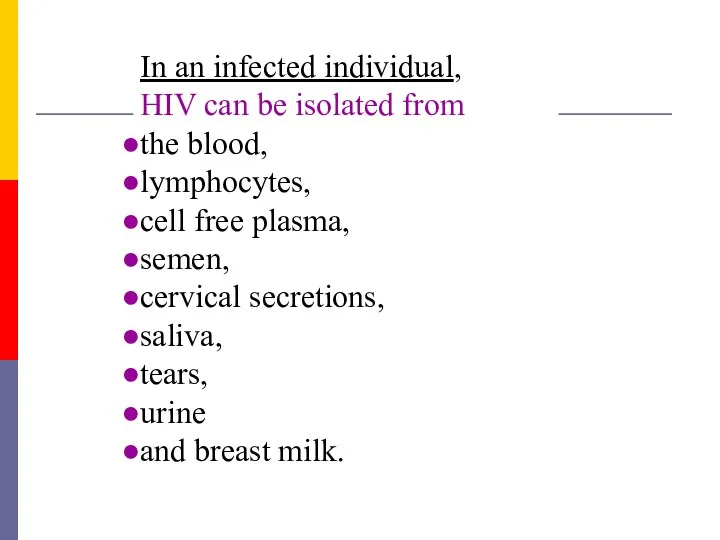 In an infected individual, HIV can be isolated from the